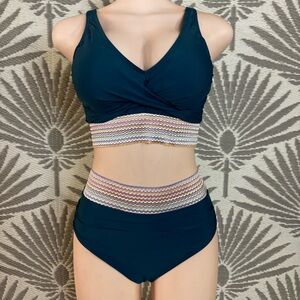 Teal High Waisted Bikini Set Smocked Waist V Neck Swimsuit Small NWT